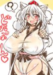 ? animal_ears breasts hand_on_own_chest hat highres huge_breasts impossible_clothes impossible_shirt inubashiri_momiji looking_at_viewer plump red_eyes rindou_(p41neko) shirt short_hair shoulders solo tail tokin_hat touhou white_hair wide_hips wolf_ears wolf_tail 