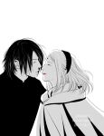  1boy 1girl boruto:_naruto_next_generations cloak collared_cloak commentary_request dated facial_mark forehead_mark greyscale hairband haruno_sakura hetero highres husband_and_wife imminent_kiss matsu_(fu6ide2) monochrome naruto_(series) pink_lips spot_color twitter_username uchiha_sasuke watermark 