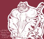  2014 4_fingers biceps big_biceps cheek_tuft clothing cute digital_drawing_(artwork) digital_media_(artwork) dressing ears_back english_text feline front_view fur humanoid_hands long_tail looking_away male mammal manly monochrome muscular muscular_male quads red_and_white red_theme schwartzgeist shirt snout solo standing striped_fur striped_tail stripes text thick_neck tiger toony tuft whiskers 