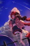 1girl absurdres ahoge aircraft airplane animal_on_back bird black_hat black_skirt blue_sky blush braid braided_twintails cardigan chest_bow closed_mouth cloud cowboy_shot crop_top fence from_side green_eyes guamo_0612 hair_ornament hand_up hat highres hollow_(zenless_zone_zero) kamanosuke_(zenless_zone_zero) layered_skirt long_hair midriff navel open_clothes outdoors pink_cardigan raccoon red_hair single_thighhigh skirt sky sphere_hair_ornament striped_clothes striped_thighhighs tanuki thigh_strap thighhighs ukinami_yuzuha white_bird white_thighhighs zenless_zone_zero 