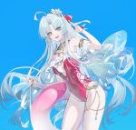  1girl absurdres ahoge aqua_eyes bare_shoulders blue_background breasts carlotta_(splashing_summer)_(wuthering_waves) carlotta_(wuthering_waves) casual_one-piece_swimsuit chinese_commentary commentary_request covered_navel earrings echj frilled_one-piece_swimsuit frills grey_hair hand_up highres innertube jewelry long_hair looking_at_viewer medium_breasts nail_polish necklace off-shoulder_one-piece_swimsuit off_shoulder official_alternate_costume one-piece_swimsuit open_mouth parted_bangs pink_one-piece_swimsuit red_nails sidelocks smile solo swim_ring swimsuit thighs very_long_hair wuthering_waves 