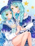  2girls alternate_hairstyle aqua_hair ascot back_bow bang_dream! bangs beret blue_bow blue_hat blue_ribbon bow braid brooch center_frills constellation_hair_ornament constellation_print double-breasted dress earrings ferrel_(rocher_71) frilled_dress frilled_shirt frilled_sleeves frills green_eyes hair_bow hair_over_shoulder hand_holding hat hat_bow highres hikawa_hina hikawa_sayo incest jewelry korean_text light_frown long_sleeves looking_at_viewer multiple_girls neck_ribbon parted_lips ribbon shirt short_over_long_sleeves short_sleeves siblings side_braids single_braid sisters sitting star striped striped_bow striped_ribbon twincest twins yellow_neckwear yuri 