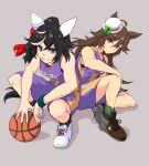  2girls absurdres ahoge animal_ears ball bare_shoulders basketball basketball_(object) basketball_jersey basketball_uniform black_hair black_socks black_sports_bra blue_eyes bow breasts brown_hair closed_mouth commentary_request ear_covers green_bow green_socks grin hair_between_eyes hair_ornament hat hat_bow highres horse_ears horse_girl horse_tail jersey katsuragi_ace_(umamusume) long_hair looking_at_viewer mini_hat mini_top_hat mr._c.b._(umamusume) multicolored_hair multiple_girls open_mouth ponytail purple_shorts shoes shorts simple_background smile socks sports_bra sportswear squatting streaked_hair tail tassel tassel_hair_ornament top_hat umamusume white_hair windg0 wristband 