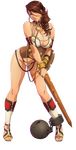  1girl armband ball_and_chain bdsm branwen breasts brown_hair collar heterochromia highres large_breasts leash legs long_hair long_legs oda_non queen&#039;s_blade queen&#039;s_blade_rebellion sandals shield slave solo sword tattoo thighs weapon 