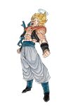  1boy absurdres black_vest blonde_hair blue_sash clenched_hands dragon_ball dragon_ball_z gogeta gomadang0417 green_eyes halo highres male_focus medium_hair metamoran_vest muscular muscular_male open_mouth pants powering_up sash simple_background solo spiked_hair super_saiyan super_saiyan_1 vest white_background white_pants 