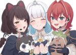  3girls :3 :d ^_^ aiguillette ange_katrina animal animal_ears animal_hair_ornament banken_(inui_toko) bird blue_bow blue_bowtie blue_cape blue_eyes blue_gloves blue_hair blue_shirt blue_suit blush bow bowtie braid brown_hair cape closed_eyes closed_mouth clothed_animal collared_shirt colored_inner_hair commentary_request creature dog_ears frilled_shirt_collar frills gloves gold_trim group_picture hair_between_eyes hair_intakes hands_up headset heterochromia highres holding holding_animal holding_bird holding_creature inui_toko lize_helesta long_bangs long_hair long_sleeves looking_at_viewer low_twin_braids mandragora mandragora_(ange_katrina) medium_hair monocle monocle_chain multicolored_hair multiple_girls nijisanji nijisanji_idol_uniform open_mouth red_bow red_bowtie red_eyes red_hair sebastian_piyodore shirt side_cape sigesige_ko silver_tiara simple_background smile split_mouth streaked_hair suit teeth twin_braids two-tone_hair upper_teeth_only virtual_youtuber white_background white_hair white_shirt yellow_eyes 