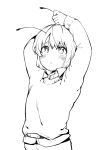  1girl antennae antennae_grab arms_up blush closed_mouth collared_shirt commentary_request greyscale lineart long_sleeves monochrome sadahiro_(chicken_nugget_gyuuniku_aji) shirt short_hair simple_background solo sweater touhou upper_body wriggle_nightbug 