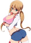  blonde_hair breasts cleavage collarbone denim denim_shorts earrings green_eyes gundam gundam_tekketsu_no_orphans highres jewelry lafter_frankland large_breasts long_hair looking_at_viewer ponpo short_shorts shorts simple_background solo thighhighs twintails white_background white_legwear 