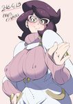  2016 breasts covered_nipples dated etsuzan_jakusui etuzan_jakusui green_eyes hand_in_pocket highres large_breasts looking_at_viewer pokemon pokemon_(game) pokemon_sm purple_hair short_hair smile solo turtleneck twitter_username wicke_(pokemon) 