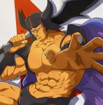  1boy abs bara black_male_underwear bulge cape colored_sclera dhuran_(dq6) dragon_quest dragon_quest_vi fake_horns forehead_jewel grey_nails helmet highres holding holding_sword holding_weapon horned_helmet horns large_pectorals male_underwear muscular muscular_male pectorals purple_sclera sword underwear weapon zeff_ozaki 