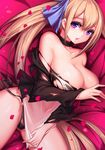  bed_sheet black_panties blonde_hair blue_ribbon breasts chestnut_mouth choker collarbone fal_(girls_frontline) girls_frontline hair_ribbon highres kira_(artist) large_breasts long_hair looking_at_viewer lying on_back panties petals purple_eyes ribbon shiny shiny_skin side_ponytail solo torn_clothes underwear 