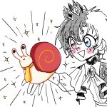  1girl absurdres ascot blush blush_stickers chromashift commentary crown earrings emphasis_lines eyelashes hair_between_eyes heterochromia highres jewelry limited_palette lucinda_grey multicolored_hair open_mouth rin_penrose short_hair simple_background smile snail snebby_(rin_penrose) sparkle split-color_hair two-tone_hair v-shaped_eyebrows virtual_youtuber white_background 