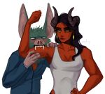 2_horns 5_fingers animal_head animal_humanoid anthro bat biped blush breasts claws clothed clothed_anthro clothed_female clothed_male clothing demon dispatch duo ear_piercing ear_ring emptity fangs female fingers flexing for_a_head front_view fully_clothed fur hi_res horn humanoid humanoid_hands male malevola_gibb mammal nom piercing red_body red_skin ring_piercing shirt signature simple_background sonar_(dispatch) standing tank_top teeth topwear white_background