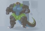  abs anthro barefoot biceps big_biceps big_tail black_scales blue_scales brown_hair bulge claws clenched_teeth clothed clothing colored detailed_background dewclaw digitigrade dragon facial_hair fist front_view frown gene_(werewolf_gene) glare goatee green_clothing green_scales grey_background hair hyper hyper_muscles light manly multicolored_scales muscular pecs pose quads scales scalie schwartzgeist serratus shaded sharp_teeth simple_background teeth topless white_claws 