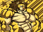  2013 abs anthro biceps big_biceps brown_hair colored digital_drawing_(artwork) digital_media_(artwork) feline fur hair inner_ear_fluff lion male mammal manly multicolored_fur muscular muscular_male naturally_censored nipple_tuft nude pecs pink_nose schwartzgeist shaded side_view simple_background smile solo standing star symbol tan_fur triceps tuft two_tone_fur yellow_background yellow_fur yellow_theme 