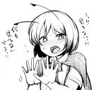  1girl androgynous antennae blush cape collared_shirt commentary_request hands_up looking_at_viewer monochrome nose_blush open_mouth sadahiro_(chicken_nugget_gyuuniku_aji) shirt short_hair simple_background sketch solo touhou translation_request upper_body wriggle_nightbug 