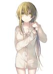  bangs blonde_hair blush breasts cleavage closed_mouth cowboy_shot dress_shirt hair_between_eyes holding holding_hair kazutake_hazano long_hair long_sleeves medium_breasts naked_shirt original shiro_seijo_to_kuro_bokushi shirt solo white_shirt yellow_eyes 