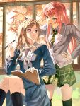  2girls absurdres bang_dream! bang_dream!_it's_mygo!!!!! black_socks blue_eyes blue_shirt blue_skirt book breasts brown_hair chihaya_anon chinese_commentary closed_mouth commentary_request diagonal-striped_clothes diagonal-striped_necktie fang green_necktie green_skirt grey_eyes grey_neckerchief hand_on_own_hip haneoka_school_uniform highres kneehighs long_hair long_sleeves multiple_girls nagasaki_soyo neckerchief necktie open_book open_mouth pink_hair pleated_skirt school_uniform shirt sidelocks sitting skirt socks standing striped_clothes teeth tsukinomori_school_uniform white_shirt wu_fuzuoyong 