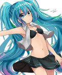  2016 black_bikini_top black_bra black_skirt blue_eyes blue_hair bra breasts cleavage collarbone dated earrings hatsune_miku highres jewelry long_hair looking_at_viewer narumiyaaz navel o-ring o-ring_top signature skirt small_breasts solo twintails underboob underwear vocaloid 