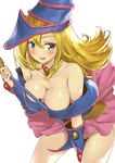  bare_shoulders blonde_hair blue_eyes blush breasts choker cleavage commentary_request dark_magician_girl duel_monster eyebrows hat highres large_breasts long_hair looking_at_viewer no_panties nukkoru off_shoulder open_mouth pentacle simple_background solo wand white_background wizard_hat yuu-gi-ou 