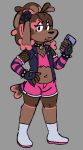 accessory anthro armband armwear athletic_wear bell bell_collar black_clothing black_fingerless_gloves black_gloves black_handwear black_rose boots bottomwear brown_body brown_fur canid canine canis clothing collar crop_top dallas_(lyraarts) domestic_dog electronics eyeliner eyeshadow fingerless_gloves fishnet_clothing fishnet_topwear flower flower_in_hair footwear fur gloves gold_piercing gold_spikes gym_bottomwear gym_shorts hair hair_accessory hand_on_hip handwear heart_fur_pattern holding_object holding_phone lipstick lyraarts makeup male mammal navel navel_piercing pattern_armwear pattern_clothing phone piercing pink_clothing pink_crop_top pink_eyeshadow pink_lipstick pink_shirt pink_topwear plant poodle shirt shoes shorts sleeveless_jacket solo spiked_armband spiked_collar spikes striped_armwear striped_clothing stripes topwear torn_clothing torn_crop_top white_boots white_clothing white_footwear