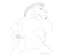  2014 abs anthro black_and_white butt chin_tuft digital_drawing_(artwork) digital_media_(artwork) equine horse humanoid_hands hyper hyper_muscles looking_at_viewer male mammal manly monochrome muscular muscular_male nude pecs schwartzgeist side_view simple_background sketch snout solo standing white_background 