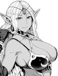  armor bikini_armor breasts character_request copyright_request dark_skin eyes_visible_through_hair greyscale jewelry kinntarou large_breasts long_hair monochrome pointy_ears smile solo upper_body wrist_cuffs 