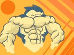  2013 abs anthro anthrofied biceps big_biceps blue_fur colored digital_drawing_(artwork) digital_media_(artwork) eyes_closed front_view fur huge_muscles low_res male manly multicolored_fur muscular muscular_male nintendo orange_background pecs pok&eacute;mon pok&eacute;morph pose schwartzgeist shaded simple_background toony two_tone_fur typhlosion video_games yellow_fur 