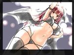  ahoge arm_up armband armpits bad_id bad_pixiv_id banned_artist bat_wings bikini black_bikini black_legwear blush border breasts crossed_legs dutch_angle from_below grey_background head_wings koakuma large_breasts light_particles lips long_hair looking_at_viewer looking_down low_wings nail_polish navel parted_lips red_eyes red_hair simple_background sketch smile solo swimsuit thighhighs touhou tsukiriran wings 