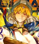  1boy bare_shoulders body_markings character_name earrings english_text fate/grand_order fate_(series) gem gilgamesh_(caster)_(fate) gilgamesh_(fate) gold_collar hair_ornament horned_hat jewelry looking_at_viewer male_focus open_clothes open_vest pectorals popped_collar purple_gemstone red_eyes solo suzuhi_(fullprayer) upper_body vest white_turban 
