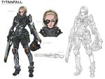  armor artstation_sample battle_rifle blonde_hair blue_eyes breasts commentary forehead full_body gun headset headwear_removed helmet helmet_removed highres image_sample knee_pads knife lineart lips military_operator pauldrons pouch power_armor rifle scarf science_fiction scouter sheath sheathed short_hair small_breasts solo titanfall weapon woo_kim 