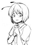  1girl absurdres androgynous antennae blush collared_shirt greyscale highres looking_at_viewer monochrome open_mouth own_hands_together sadahiro_(chicken_nugget_gyuuniku_aji) shirt short_hair sketch solo touhou upper_body wriggle_nightbug 