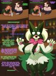 anthro areola bar big_breasts breast_curtains breast_growth breasts brown_hair claws curvy_figure dialogue duo english_text felid feline female flybeeth fur gender_transformation generation_9_pokemon genitals glass green_body green_fur growth hair hi_res huge_breasts human human_to_anthro inside knock-kneed lipstick magic magic_user makeup male mammal mask meowscarada mtf_transformation nintendo nipple_outline pink_areola pokemon pokemon_(species) purple_lipstick species_transformation speech_change text thick_thighs transformation vulva wide_hips