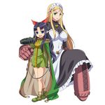  2girls apron blonde_hair blue_eyes blush breasts cape clenched_hand flower freckles frills green_eyes gun koume_keito large_breasts long_hair lost_worlds maid maid_apron multiple_girls pointy_ears queen&#039;s_blade queen&#039;s_blade_rebellion thighhighs translation_request vante weapon yuit_(queen&#039;s_blade 
