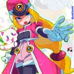  1girl black_bodysuit blonde_hair blue_eyes bodysuit breasts coat cowboy_shot hat heart high-waist_shorts highres long_hair mega_man_(series) mega_man_zx pink_coat pink_hat pink_shorts prairie_(mega_man) shako_cap shorts solo_focus stuffed_animal stuffed_cat stuffed_toy weezcore zoom_layer 