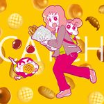 baby bag baguette bread cake chobisato crayon_shin-chan dorayaki food fruit highres koyama_musae nohara_himawari nohara_shinnosuke pancake wagashi yellow_background 