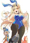  2girls black_pantyhose black_shoes blonde_hair blue_bow blue_bowtie blue_hairband blue_hat blue_leotard blush bow bowtie breasts cat chest_jewel commentary_request core_crystal_(xenoblade) cosplay covered_navel detached_collar dragon_quest dragon_quest_iii gadabout_(dq3) gadabout_(dq3)_(cosplay) gem green_gemstone hairband hat highres holding holding_mace holding_weapon holding_whip large_breasts leotard long_hair looking_at_viewer mace multiple_girls mythra_(xenoblade) nia_(xenoblade) open_mouth orange_cat pantyhose playboy_bunny priest_(dq3) priest_(dq3)_(cosplay) shoes simple_background smile solo_focus strapless strapless_leotard tabard tiara watsuki_ayamo weapon white_background white_wrist_cuffs wrist_cuffs xenoblade_chronicles_(series) xenoblade_chronicles_2 yellow_eyes 