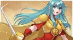  1girl :o aqua_eyes aqua_hair armor breastplate cape commentary_request dress eirika_(fire_emblem) fire_emblem fire_emblem:_the_sacred_stones gloves gold_armor hair_between_eyes hazuki_(nyorosuke) holding holding_sword holding_weapon long_hair looking_at_viewer open_mouth pauldrons rapier red_dress red_gloves short_sleeves shoulder_armor sidelocks solo sword teeth upper_body weapon yellow_cape 