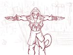  2013 5_fingers amphibian anthro athletic biceps clothed clothing cross detailed_background digital_drawing_(artwork) digital_media_(artwork) eyes_closed front_view hood humanoid_hands magic_user male midriff monochrome navel outside pants pendragon_(schwartzgeist) raining red_and_white salamander schwartzgeist sketch solo standing 