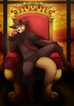  5_fingers ajna anthro apple black_nose brown_eyes canine clothed clothing dog food fruit fur hat looking_at_viewer male mammal solo spread_legs spreading yellow_fur 