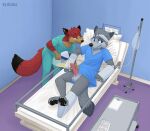 anthro assisted_peeing balls bandage bandaged_head bed bodily_fluids bottomwear canid canine canis cast clothed clothing container digital_media_(artwork) dishka duo erection feet fingers fox fur furniture genital_fluids genitals hair half-closed_eyes hand_on_penis holding_container holding_object holding_penis hospital hospital_bed hospital_gown humanoid_genitalia humanoid_penis looking_at_another lying male male/male male_peeing mammal narrowed_eyes nurse nurse_clothing on_back on_bed pants pawpads peeing peeing_into_container penis smie smile tail toes topwear urine urine_collection urine_in_container urine_stream watersports wolf