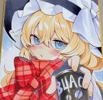  1girl black_gloves black_hat blonde_hair blue_eyes blush bow can canned_coffee commentary_request double-parted_bangs drink_can fingerless_gloves gloves hair_between_eyes hat hat_bow highres holding holding_can kirisame_marisa looking_at_viewer marker_(medium) moni_monico plaid_clothes plaid_scarf red_scarf ribbon scarf solo touhou traditional_media upper_body white_bow white_ribbon witch_hat 
