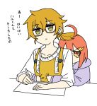  2girls ahoge apron bags_under_eyes brown-framed_eyewear brown_hair chan_mama clothes_grab commentary_request dot_nose flat_color glasses green_eyes grey_hoodie hair_ornament hairclip harumi_(pokemon) holding hood hood_down hoodie long_sleeves medium_hair mother_and_daughter multiple_girls nao_(70_pocky) open_mouth orange_hair paper pokemon pokemon_kids_tv ponytail shirt simple_background tearing_up translation_request wavy_eyes white_background white_shirt yellow_apron yellow_eyes 