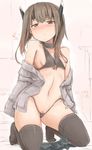  1girl bikini black_legwear blush brown_eyes brown_hair flat_chest heart highres kantai_collection nipples okiraku_nikku pubic_hair shirt skirt swimsuit taihou_(kantai_collection) thighhighs thong 