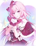  1girl absurdres alternate_costume capelet cyrene_(demiurge)_(honkai:_star_rail) cyrene_(honkai:_star_rail) diamond-shaped_pupils diamond_(shape) dress english_text fur-trimmed_capelet fur_trim gloves hashtag-only_commentary highres holding holding_snowball honkai:_star_rail honkai_(series) long_hair looking_at_viewer nod2_u pink_hair red_capelet red_dress red_gloves snowball solo symbol-shaped_pupils very_long_hair winter_clothes 
