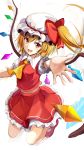  1girl bangs blonde_hair bow crystal eyebrows_visible_through_hair flandre_scarlet foreshortening hair_between_eyes hair_bow hat highres kuroganeruto long_hair looking_at_viewer midriff miniskirt mob_cap open_mouth outstretched_arm puffy_short_sleeves puffy_sleeves red_bow red_eyes red_footwear red_ribbon red_skirt red_vest ribbon shoes short_sleeves side_ponytail simple_background skirt skirt_set socks solo touhou vest white_background white_legwear wings yellow_neckwear 