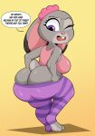 2025 absurd_res anthro big_butt black_ear_tips black_eyebrows bottomwear breasts buckteeth butt cel_shading clothing clothing_pull colored dialogue digital_media_(artwork) dipstick_ears disney ear_markings ears_down english_text eyebrows eyelashes female grey_body grey_ears grey_tail headgear headwear hi_res judy_hopps lagomorph leporid looking_at_butt looking_at_own_butt looking_back looking_back_at_self mammal multicolored_ears one_eye_closed open_mouth pants pattern_bottomwear pattern_clothing pattern_pants pink_clothing pink_inner_ear pink_nose pink_shirt pink_tongue pink_topwear pivoted_ears pulling_up_pants purple_bottomwear purple_clothing purple_eyes purple_headwear purple_pants rabbit rear_view red_mouth scut_tail shaded shirt short_tail simple_background solo someth1ngoranother speech_bubble struggling tail tan_background teeth text thick_thighs tongue topwear zootopia
