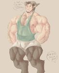  2015 biceps big_biceps brown_background brown_eyebrows brown_hair brown_horn clothing colored dialogue digital_drawing_(artwork) digital_media_(artwork) digitigrade english_text facial_hair front_view green_clothing hair horn humanoid light male manly muscular muscular_male nipples pecs pink_nipples quads satyr schwartzgeist serratus shaded shirt shorts simple_background solo standing text triceps white_clothing yellow_eyes 
