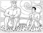  balls black_and_white bottle bovine duo erection furronika human jewelry male mammal minotaur monochrome necklace nude penis rug 