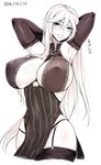  2016 armpits arms_up bare_shoulders blush breasts dated detached_sleeves garter_straps granblue_fantasy hair_between_eyes heart huge_breasts kamaboko_(ossann0125) long_hair magisa_(granblue_fantasy) monochrome open_mouth signature smile solo thighhighs 